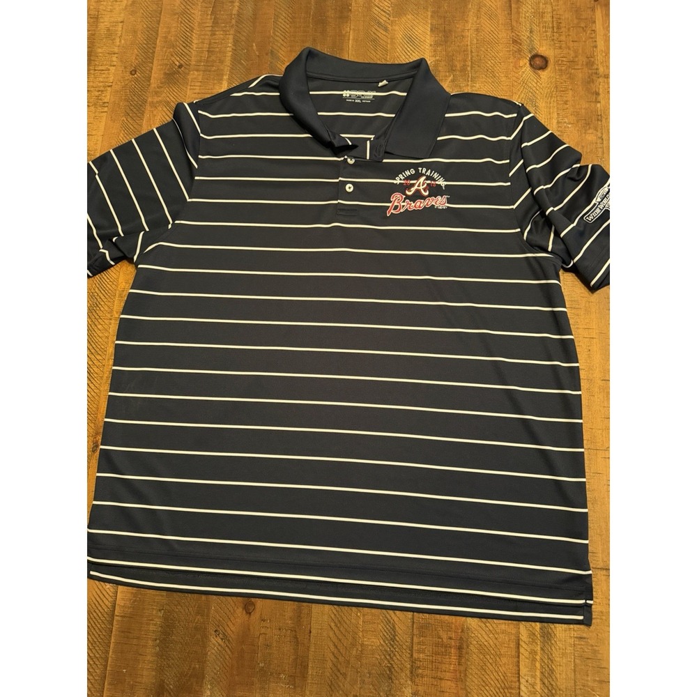 Men's Atlanta Braves Spring Training Blue White Striped Gear Polo Shirt Mens 2XL